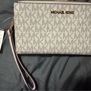 Michael Kors Beige Monogram Wristlet with Pale Pink Strap